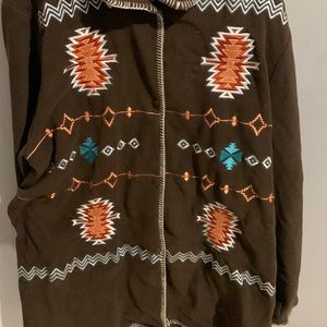 Super soft fleece brown jacket with white, orange, and blue details!!